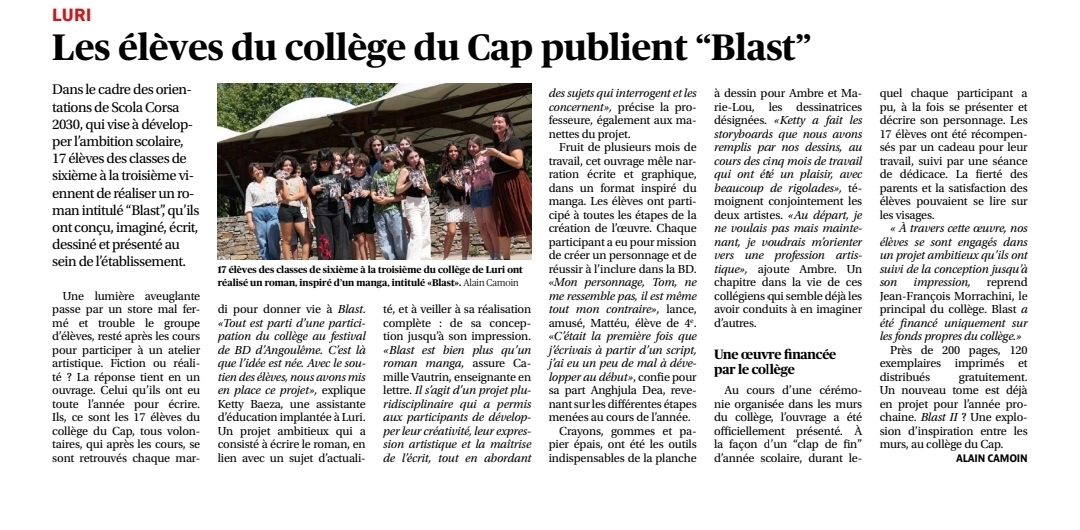 Corse-Matin – Collège du Cap – Création d’un roman illustré BLAST